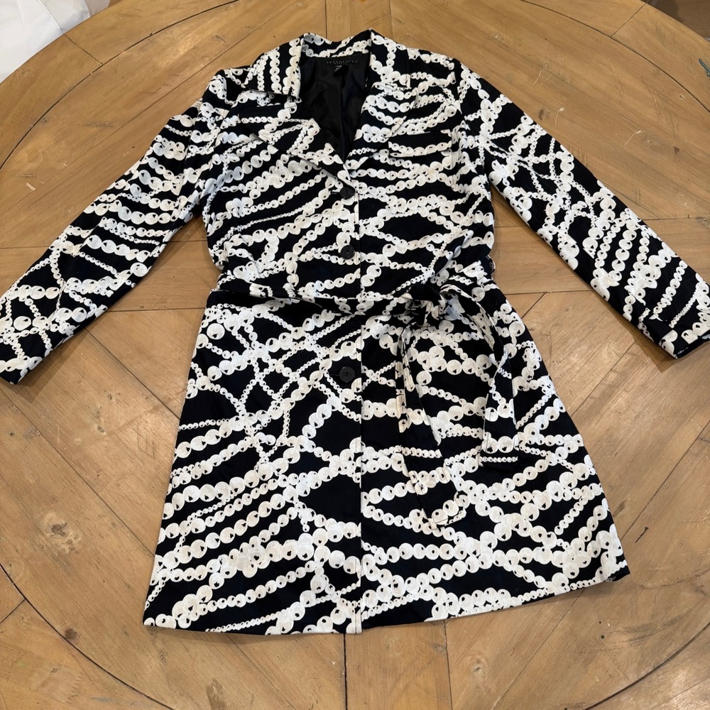 Apostrophe Stretch Black & White Pearl Chain Print Jacket Large Tie Waist